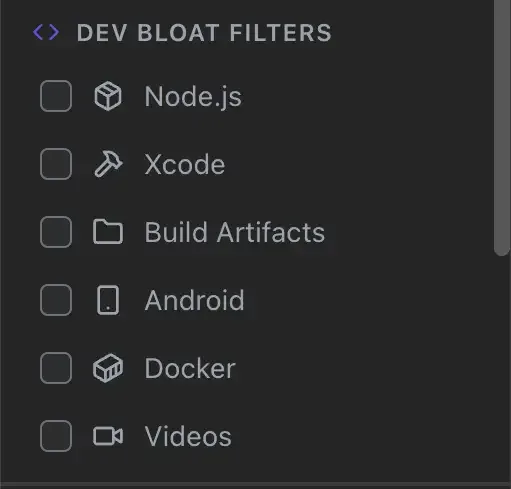 DissectMac's developer filters in the sidebar: Node.js, Xcode, Build Artifacts, Android, Docker and Videos