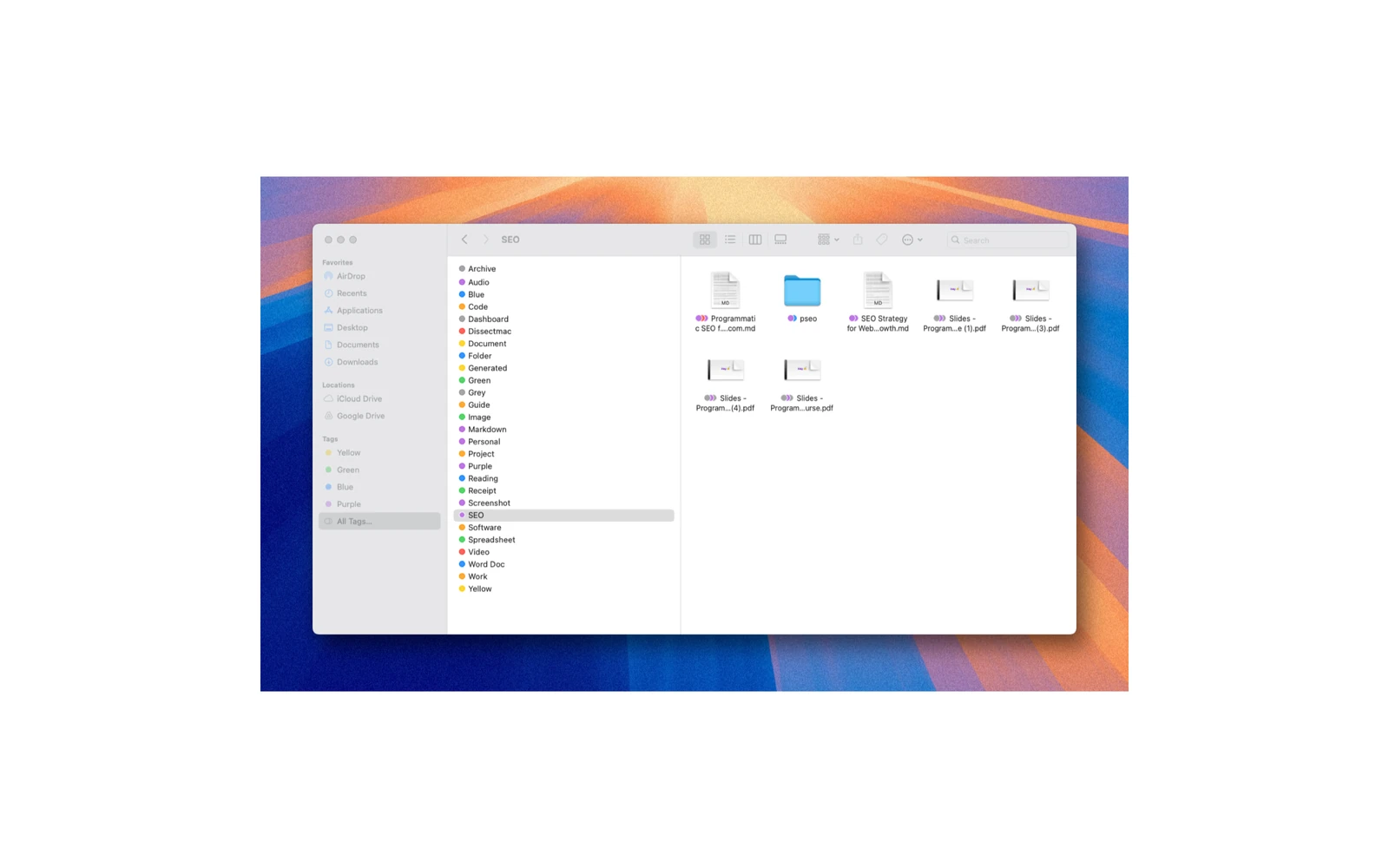 Files organized by color-coded tags in macOS Finder