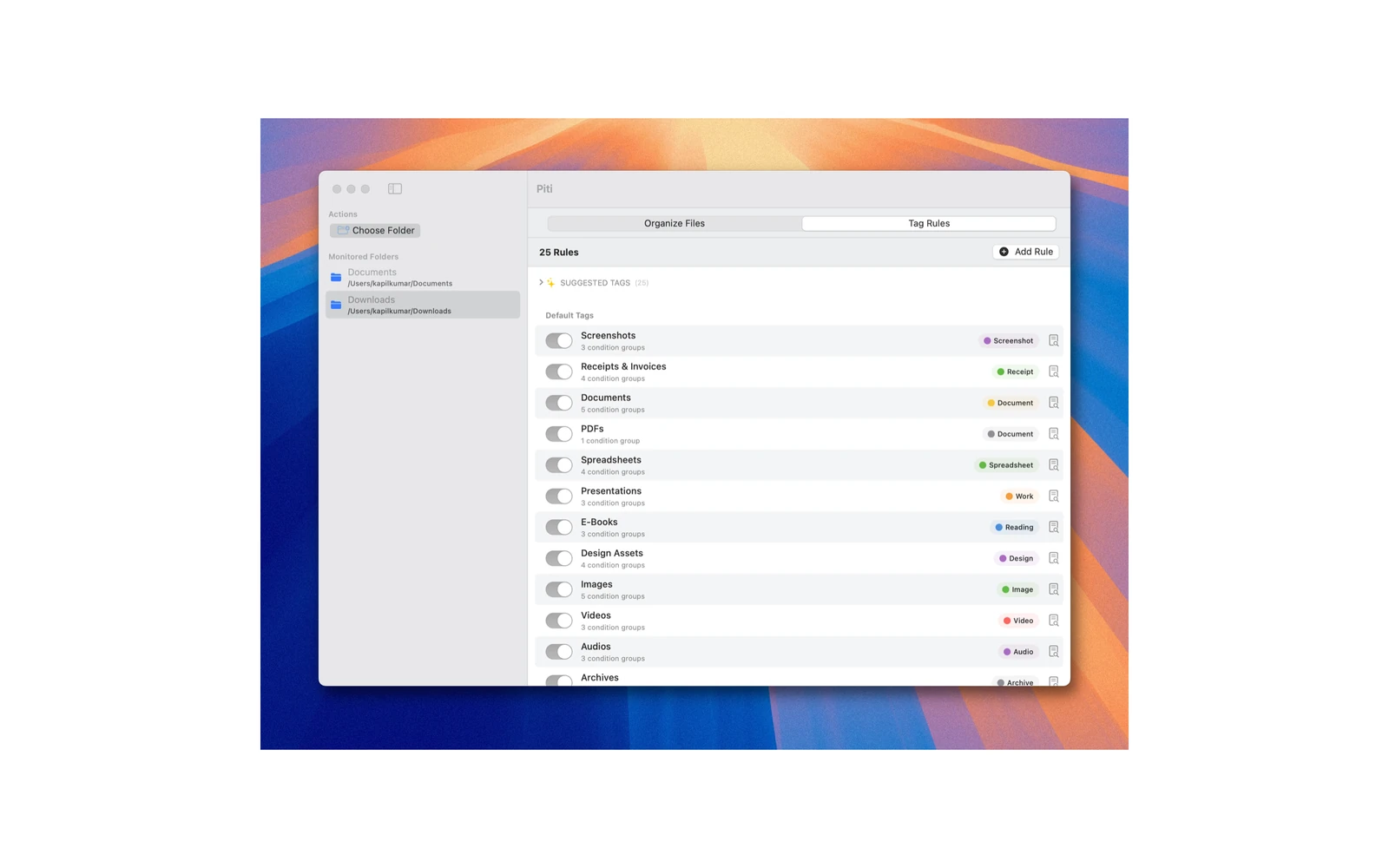 Piti tag rules engine with default and custom rules
